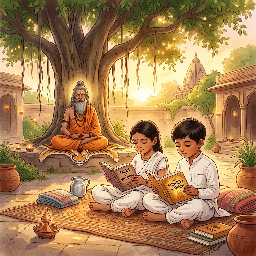 Children reading with Tirthankara in background